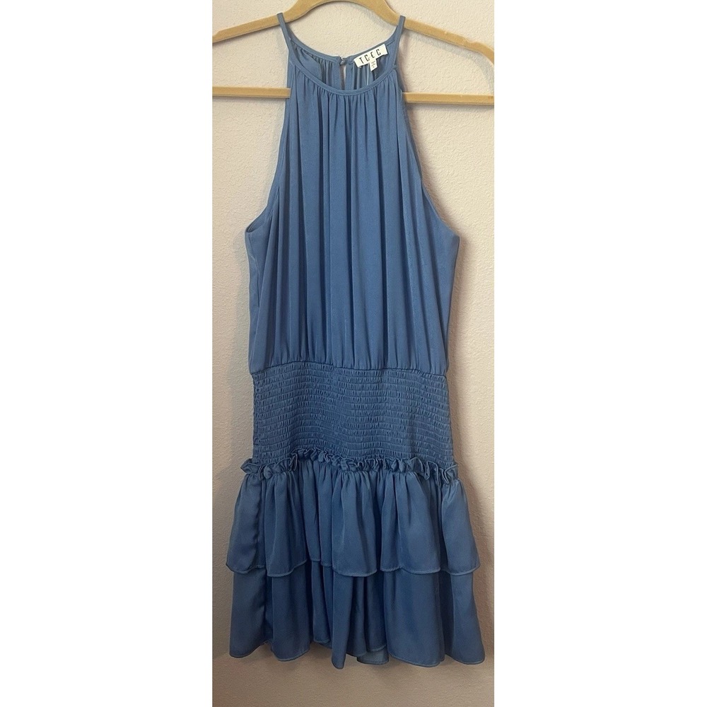 TCEC Blue Ruched Ruffle Summer Sleeveless Party Mini Dress Size Large